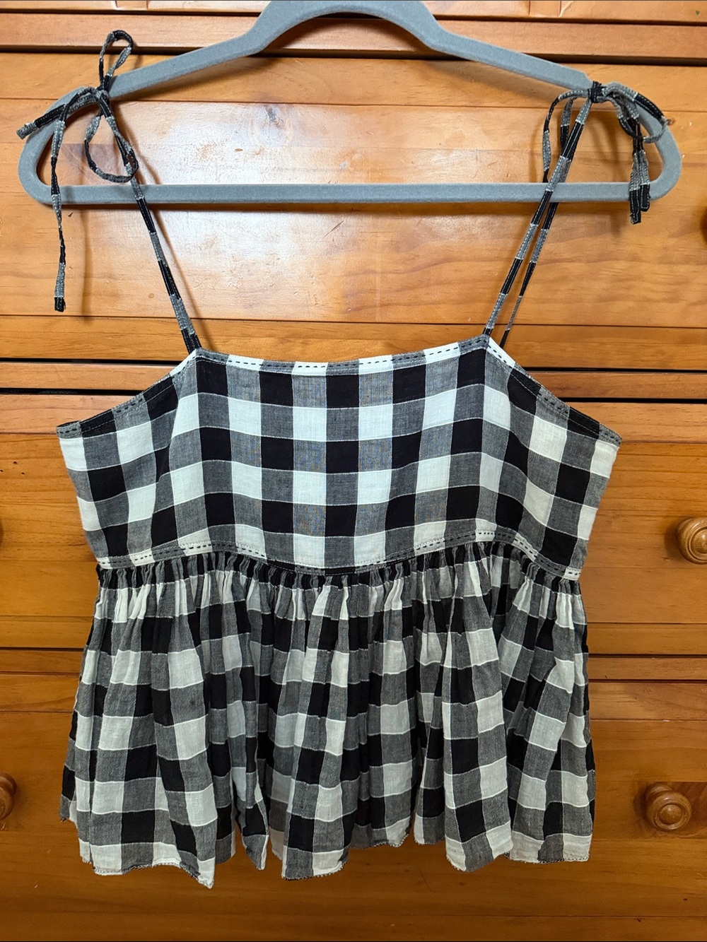 THE GREAT. Size 1 Linen & Cotton Black and White Gingham Tie-Strap Peplum Tank